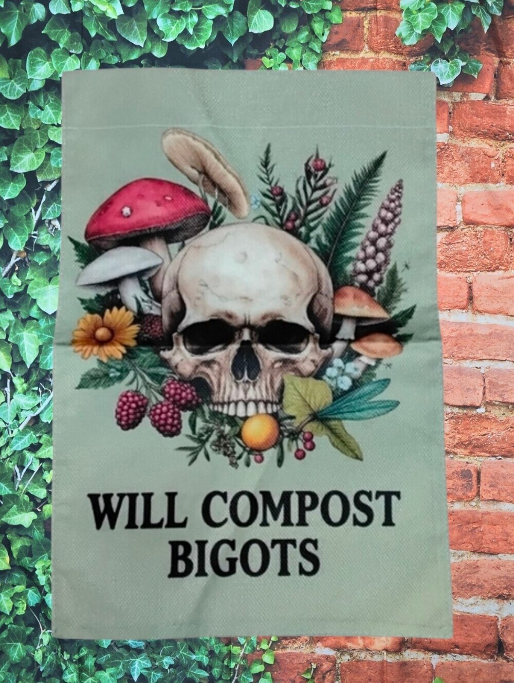 All Season Rustic Skull and Mushroom Garden Flag